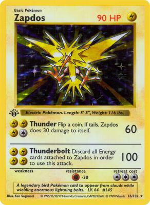 Zapdos card from Base Set (Shadowless)