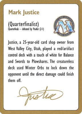 1996 Mark Justice Biography Card card from World Championship Decks