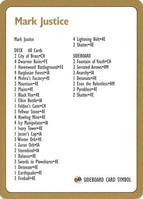 1996 Mark Justice Decklist Card card from World Championship Decks