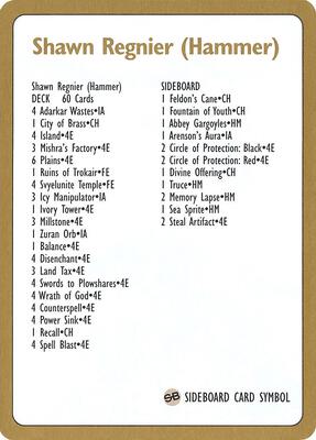 1996 Shawn "Hammer" Regnier Decklist Card card from World Championship Decks