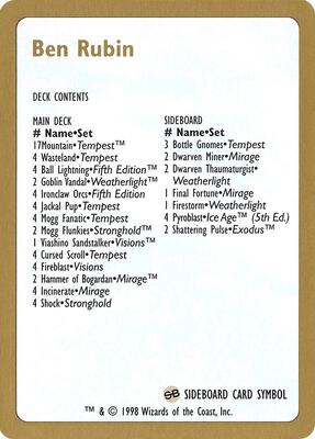 1998 Ben Rubin Decklist Card card from World Championship Decks
