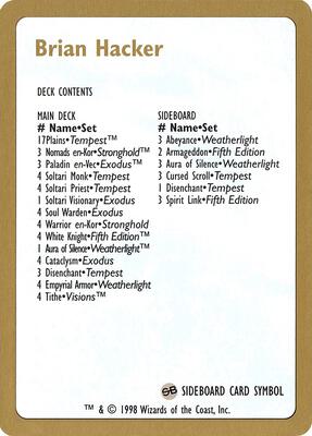 1998 Brian Hacker Decklist Card card from World Championship Decks