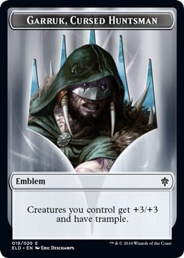 Emblem - Garruk, Cursed Huntsman card from Throne of Eldraine