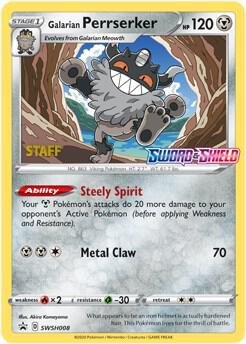 Galarian Perrserker - SWSH008 (Prerelease) [Staff] card from SWSH: Sword & Shield Promo Cards