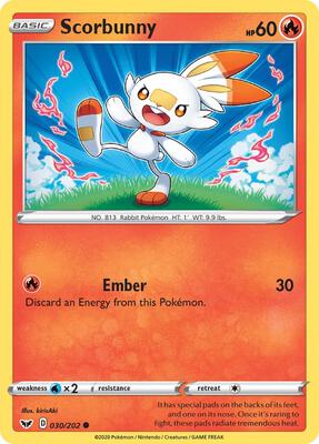 Scorbunny (030) card from SWSH01: Sword & Shield Base Set