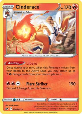 Cinderace (034) card from SWSH01: Sword & Shield Base Set