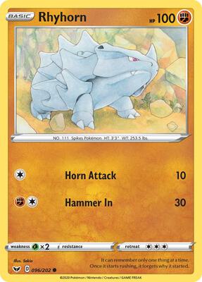 Rhyhorn (096) card from SWSH01: Sword & Shield Base Set