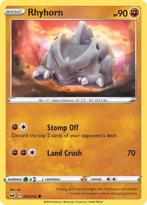 Rhyhorn (097) card from SWSH01: Sword & Shield Base Set