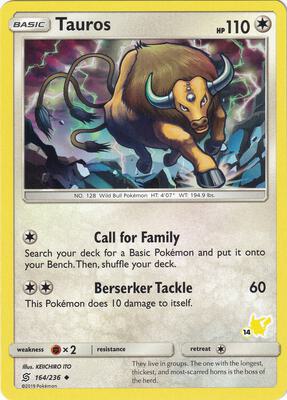 Tauros - 164/236 (#14 Pikachu Stamped) card from Battle Academy