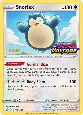 Snorlax - SWSH068 (Prerelease) [Staff] card from SWSH: Sword & Shield Promo Cards
