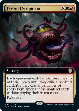 Fevered Suspicion (Extended Art) card from Commander: Adventures in the Forgotten Realms
