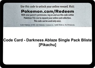 Code Card - Darkness Ablaze Single Pack Blister [Pikachu] card from SWSH03: Darkness Ablaze