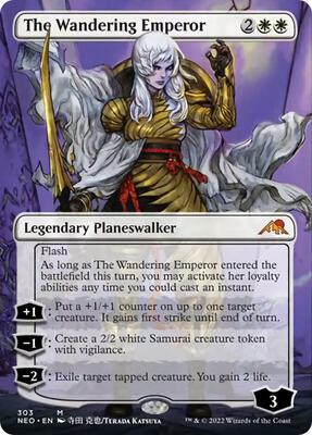 The Wandering Emperor (Borderless) card from Kamigawa: Neon Dynasty