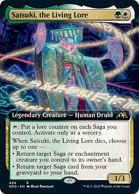 Satsuki, the Living Lore (Extended Art) card from Kamigawa: Neon Dynasty