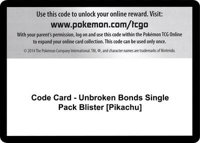 Code Card - Unbroken Bonds Single Pack Blister [Pikachu] card from SM - Unbroken Bonds