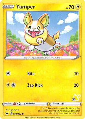 Yamper - 074/202 (#58 Pikachu Stamped) card from Battle Academy 2022