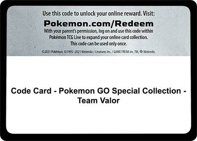 Code Card - Pokemon GO Special Collection - Team Valor card from Pokemon GO