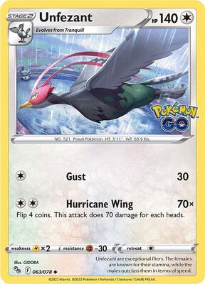 Unfezant card from Pokemon GO