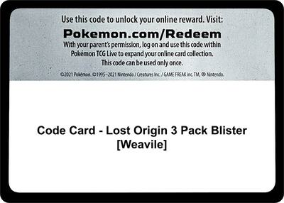 Code Card - Lost Origin 3 Pack Blister [Weavile] card from SWSH11: Lost Origin
