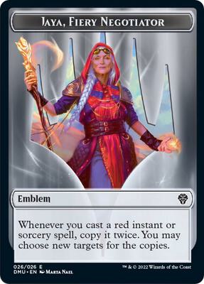 Emblem - Jaya, Fiery Negotiator card from Dominaria United