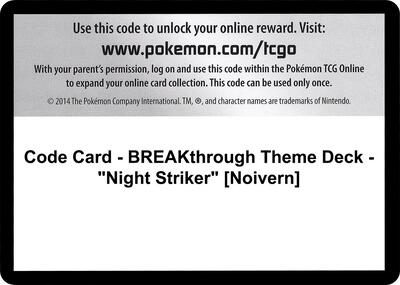 Code Card - BREAKthrough Theme Deck - "Night Striker" [Noivern] card from XY - BREAKthrough