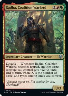 Radha, Coalition Warlord card from Dominaria United