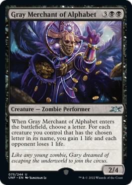 Gray Merchant of Alphabet card from Unfinity