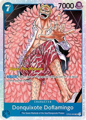 Donquixote Doflamingo card from Super Pre-Release Starter Deck 3: The Seven Warlords of the Sea