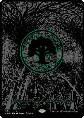 Forest (Phyrexian) - Full Art (Oil Slick Raised Foil) card from Phyrexia: All Will Be One