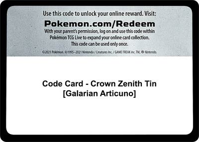 Code Card - Crown Zenith Tin [Galarian Articuno] card from SWSH: Crown Zenith