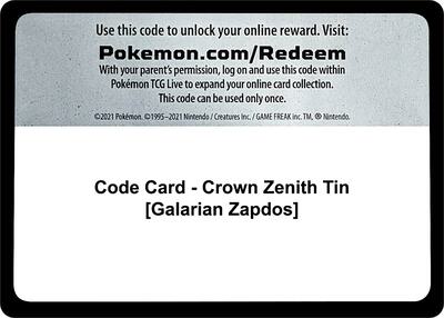 Code Card - Crown Zenith Tin [Galarian Zapdos] card from SWSH: Crown Zenith