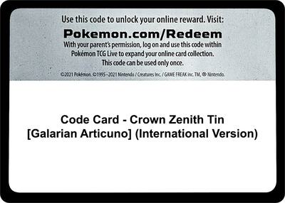 Code Card - Crown Zenith Tin [Galarian Articuno] (International Version) card from SWSH: Crown Zenith