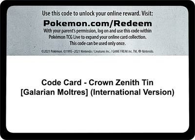 Code Card - Crown Zenith Tin [Galarian Moltres] (International Version) card from SWSH: Crown Zenith