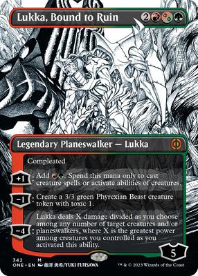 Lukka, Bound to Ruin (Borderless) card from Phyrexia: All Will Be One