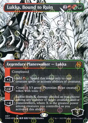 Lukka, Bound to Ruin (Borderless) (Step-And-Compleat Foil) card from Phyrexia: All Will Be One