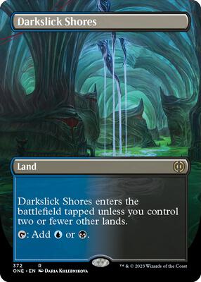 Darkslick Shores (Borderless) card from Phyrexia: All Will Be One