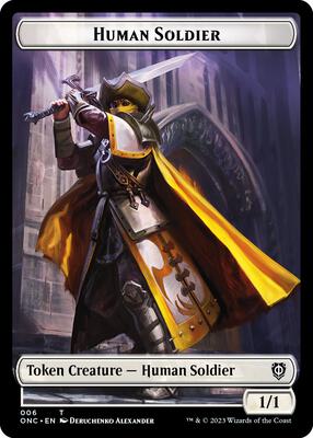 Human Soldier // Elephant Double-Sided Token card from Commander: Phyrexia: All Will Be One
