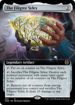 The Filigree Sylex (Extended Art) card from Phyrexia: All Will Be One