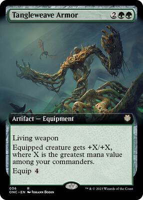 Tangleweave Armor (Extended Art) card from Commander: Phyrexia: All Will Be One