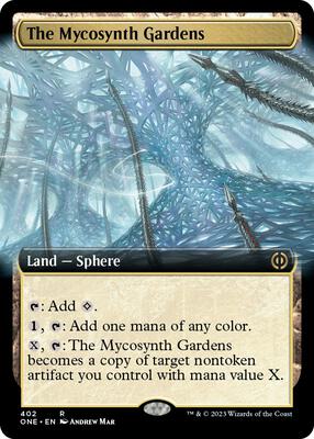 The Mycosynth Gardens (Extended Art) card from Phyrexia: All Will Be One