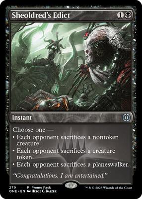Sheoldred's Edict card from Promo Pack: Phyrexia: All Will Be One