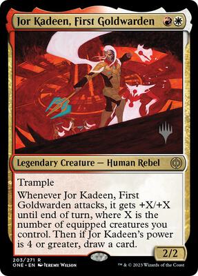 Jor Kadeen, First Goldwarden card from Promo Pack: Phyrexia: All Will Be One