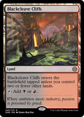 Blackcleave Cliffs card from Promo Pack: Phyrexia: All Will Be One