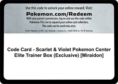 Code Card - Scarlet & Violet Pokemon Center Elite Trainer Box (Exclusive) [Miraidon] card from SV01: Scarlet & Violet Base Set