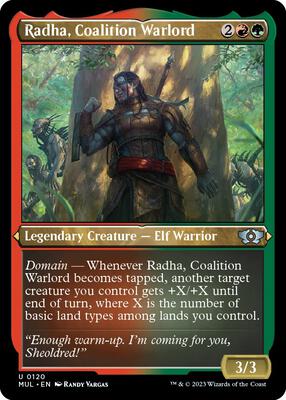 Radha, Coalition Warlord (Foil Etched) card from March of the Machine: Multiverse Legends