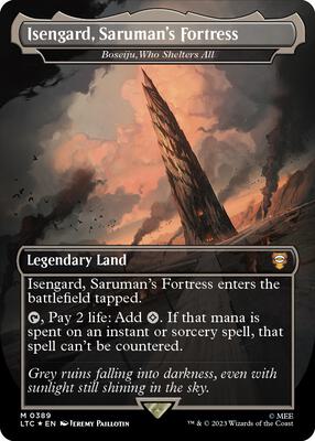 Isengard, Saruman's Fortress - Boseiju, Who Shelters All (Borderless) (Surge Foil) card from Commander: The Lord of the Rings: Tales of Middle-earth
