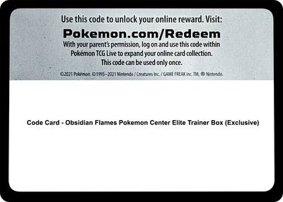 Code Card - Obsidian Flames Pokemon Center Elite Trainer Box (Exclusive) card from SV03: Obsidian Flames
