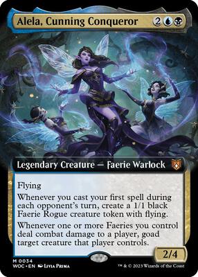 Alela, Cunning Conqueror (Extended Art) card from Commander: Wilds of Eldraine