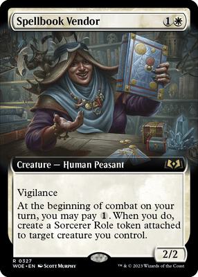 Spellbook Vendor (Extended Art) card from Wilds of Eldraine