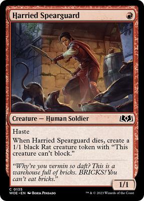 Harried Spearguard card from Wilds of Eldraine